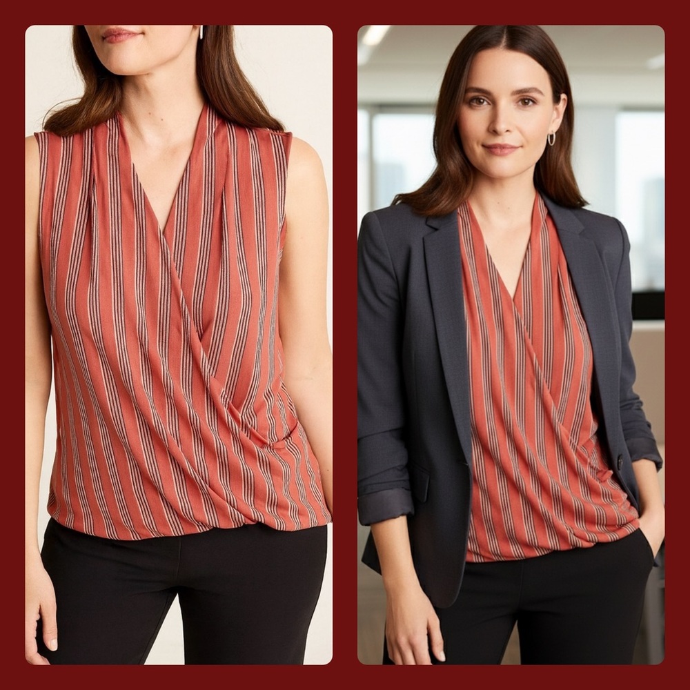 Adrianna Papell Coral Black Stripe Sleeveless Top Size Medium